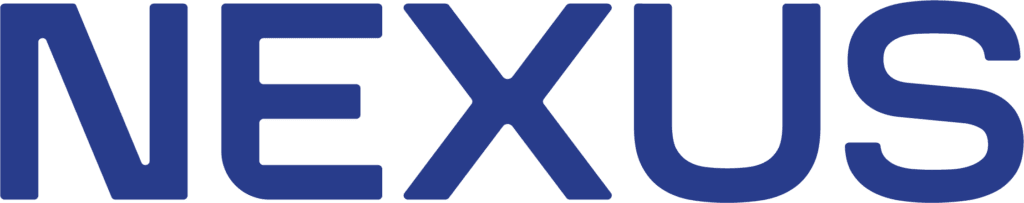 The image shows the word "NEXUS" in bold, uppercase blue letters on a white background.