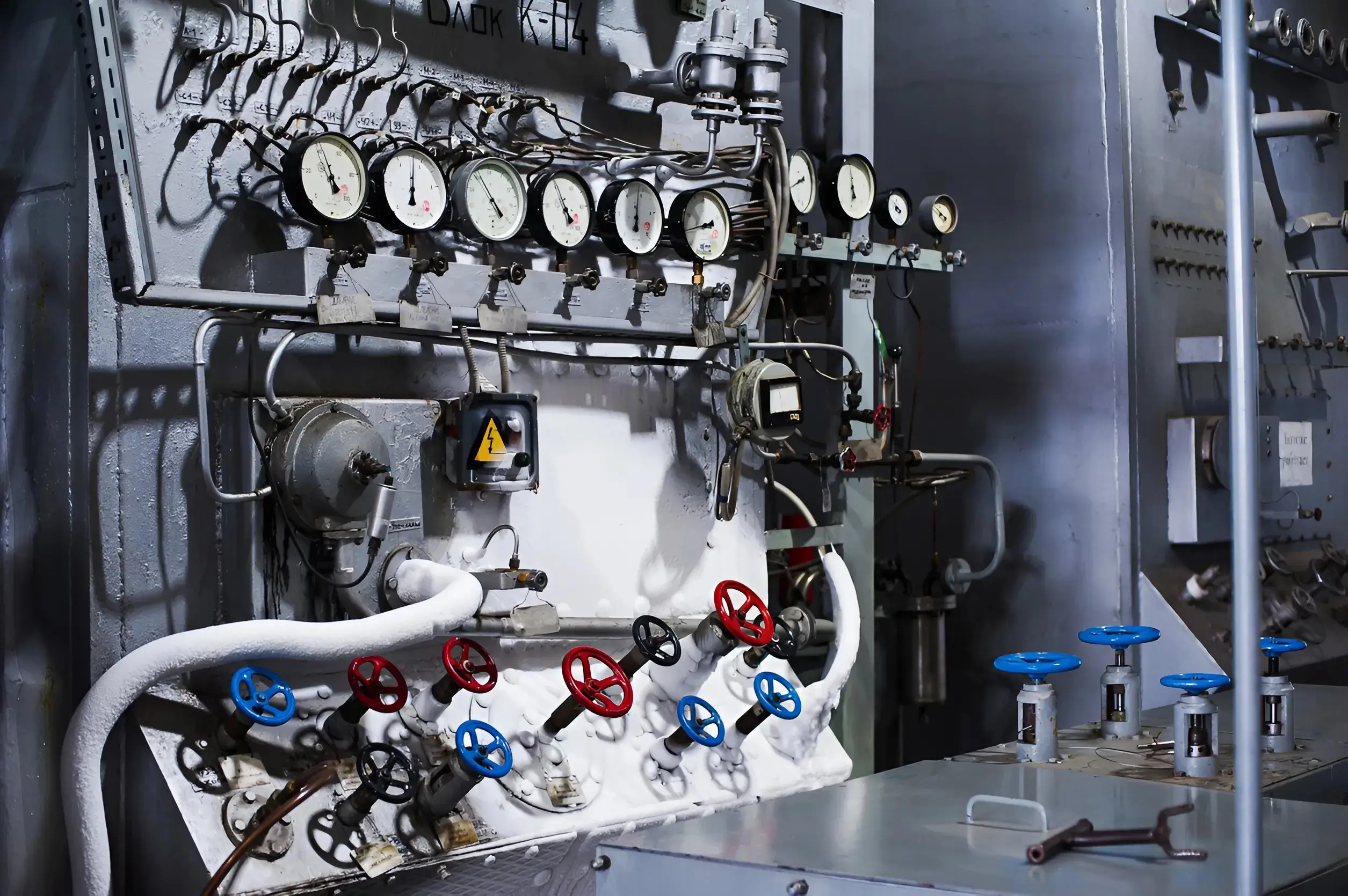 A complex arrangement of industrial gauges, valves, and pipes in a machinery room. Various dials, including pressure gauges, are mounted above, with red and blue valves below, set against a metallic background.