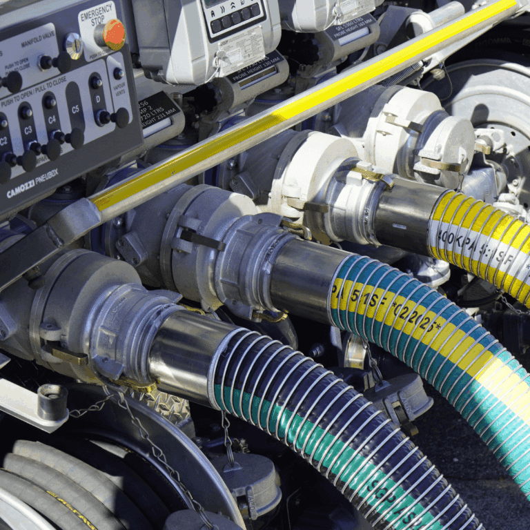Close-up of industrial hoses connected to metal fittings on machinery, with control dials and switches above. The hoses are color-coded yellow, green, and black, each labeled with numbers and text.
